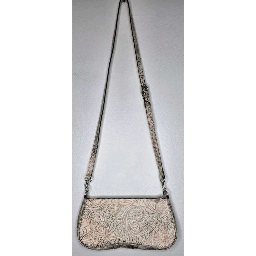 New Patricia Nash Riley Metallic Forest Baguette‎ Crossbody Leather Ivory Purse